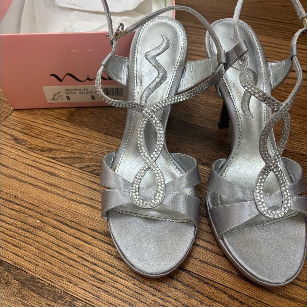 Nina Silver Rhinestone T-Strap Heels